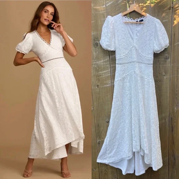 White Lace Puff Sleeve High Low Dress 🌿 - Picture 1 of 10